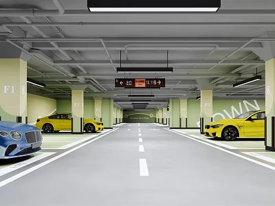 Modern Parking Garage With Multiple Cars Lane Markings And Overhead Lighting 3d model