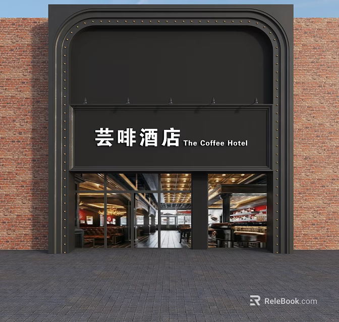 Exterior View Of The Coffee Hotel With Red Brick Wall Black Signage And Glass Doors 3d model 