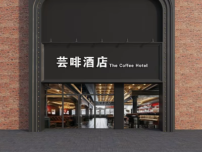 Exterior View Of The Coffee Hotel With Red Brick Wall Black Signage And Glass Doors 3d model