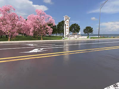 Scenic Road Facilities With Cherry Blossom Trees Signpost Street Lamps Road Arrows And Sea View 3d model