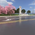 Scenic Road Facilities With Cherry Blossom Trees Signpost Street Lamps Road Arrows And Sea View