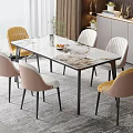 Modern Dining Table Set With Marble Pattern Top Yellow And Pink Chairs Black Legs 3d model