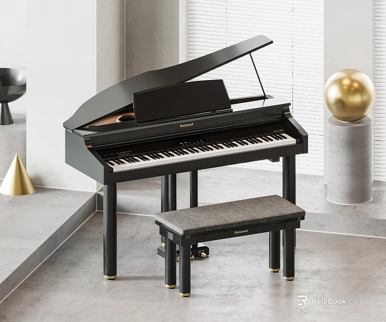 Elegant Black Grand Piano In Modern Interior With Matching Stool And Decorative Accents 3d model 