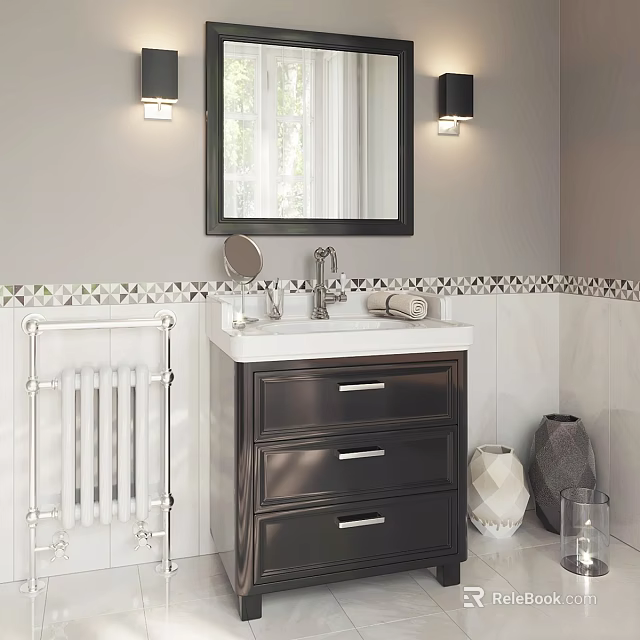 Modern Bathroom Vanity With White Countertop Black Cabinet Mirror Wall Sconces And Decorative Vases 3d model 