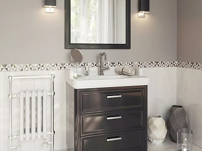 Modern Bathroom Vanity With White Countertop Black Cabinet Mirror Wall Sconces And Decorative Vases 3d model