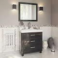 Modern Bathroom Vanity With White Countertop Black Cabinet Mirror Wall Sconces And Decorative Vases
