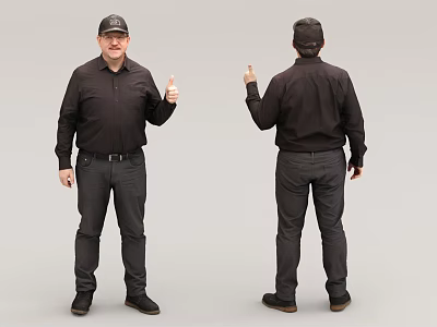 Man Wearing Black Shirt Black Pants And Black Cap Giving Thumbs Up And Pointing Back 3d model