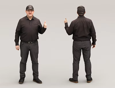 Man Wearing Black Shirt Black Pants And Black Cap Giving Thumbs Up And Pointing Back 3d model