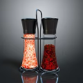Kitchen Glass Salt Pepper Shakers With Black Lids And Red Spices In Metal Stand