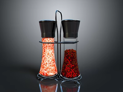 Kitchen Glass Salt Pepper Shakers With Black Lids And Red Spices In Metal Stand 3d model