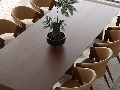 Long Wooden Dining Table With Beige Armchairs And Black Planter Green Fern In Bright Room 3d model
