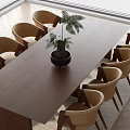 Long Wooden Dining Table With Beige Armchairs And Black Planter Green Fern In Bright Room