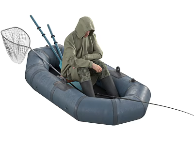 Man in Hooded Jacket Sitting in Inflatable Boat with Fishing Net and Rods 3d model