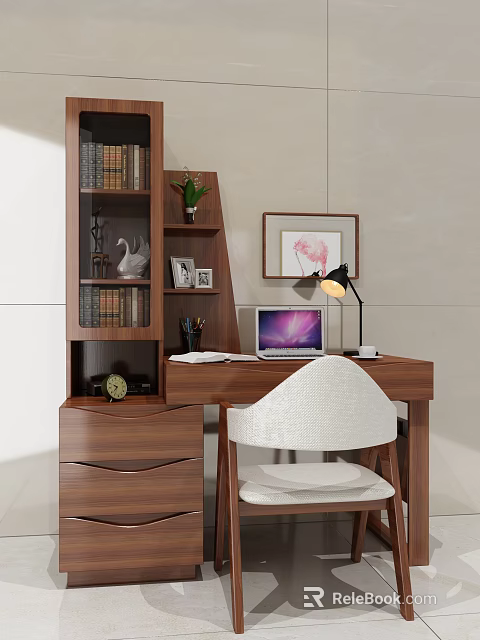 Modern Home Office Wooden Desk With Laptop Table Lamp Bookshelf Plant Picture Frame And Chair 3d model 