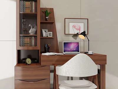 Modern Home Office Wooden Desk With Laptop Table Lamp Bookshelf Plant Picture Frame And Chair 3d model