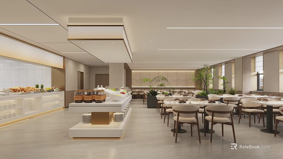 Hotel Restaurant Modern Bright Interior With Buffet Counter Dining Tables And Green Plants 3d model 