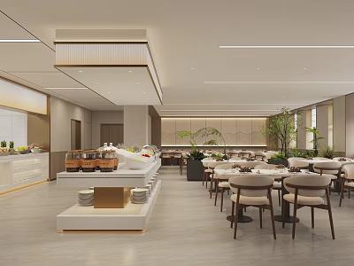 Hotel Restaurant Modern Bright Interior With Buffet Counter Dining Tables And Green Plants 3d model