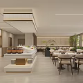 Hotel Restaurant Modern Bright Interior With Buffet Counter Dining Tables And Green Plants