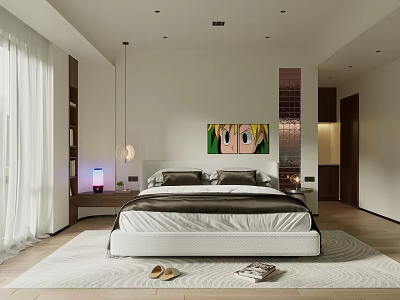 Modern Bedroom Interior Design With White Bed Black Bedding Colorful Wall Painting And Large Windows 3d model