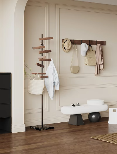 Minimalist Interior With Wooden Coat Rack Hanging Hat Bag Coat And Bench 3d model