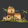 Cartoon Scene of Earth Yellow Two Story Hut With Palm Trees Stall and Green Grass