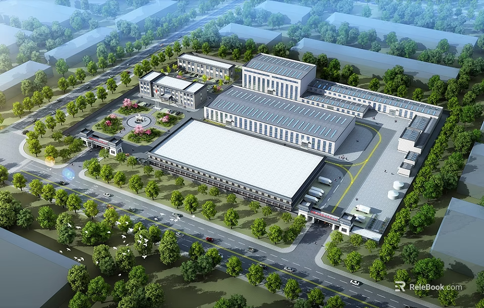 Modern Large Scale Industrial Plant Layout With Office Buildings Greenery And Parking Area 3d model 