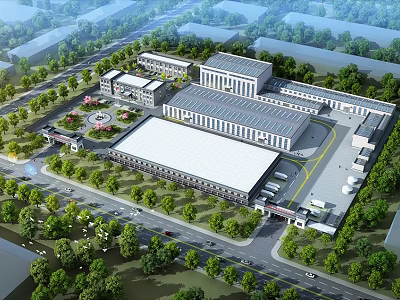 Modern Large Scale Industrial Plant Layout With Office Buildings Greenery And Parking Area 3d model