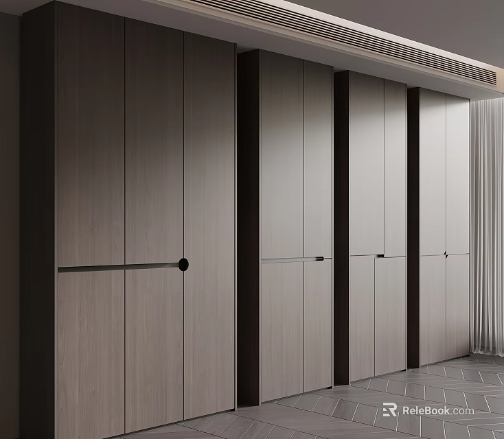 Modern Built in Wooden Storage Cabinets With Sleek Design Black Accents And Tile Floor 3d model 