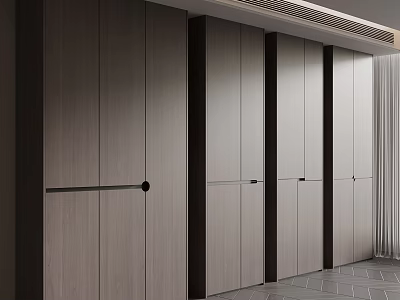Modern Built in Wooden Storage Cabinets With Sleek Design Black Accents And Tile Floor 3d model