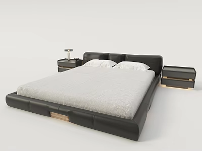 Modern Double Bed With Black Leather Headboard White Mattress Nightstands And Table Lamp 3d model