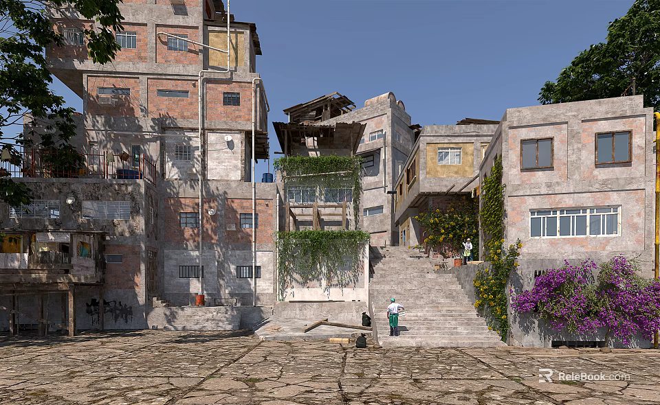Traditional Multi Story Old Buildings With Climbing Plants Stone Steps And Purple Flowers Area 3d model 