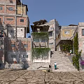Traditional Multi Story Old Buildings With Climbing Plants Stone Steps And Purple Flowers Area
