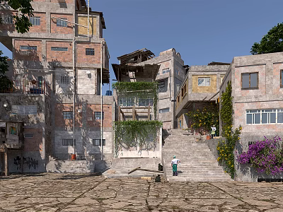 Traditional Multi Story Old Buildings With Climbing Plants Stone Steps And Purple Flowers Area 3d model