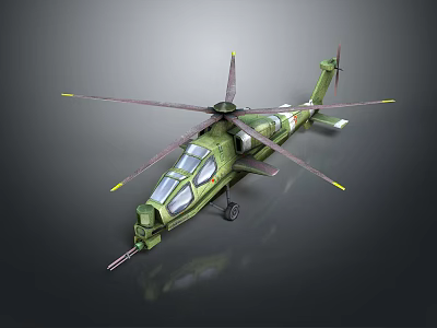 Detailed Green Military Helicopter With Rotor Blades Cockpit And Front Machine Gun Design 3d model