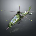 Detailed Green Military Helicopter With Rotor Blades Cockpit And Front Machine Gun Design