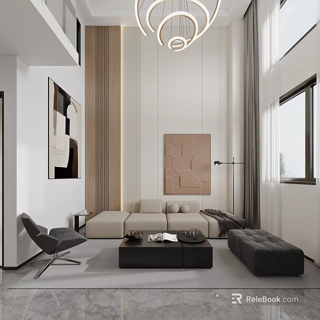 Loft Living Room With Modern Minimalist Decor And Large Windows 3d model 