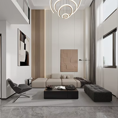Loft Living Room With Modern Minimalist Decor And Large Windows 3d model