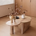 Modern Wooden Coffee Table Set With Decorative Vases Flowers And Small Plate Near Wooden Cabinets