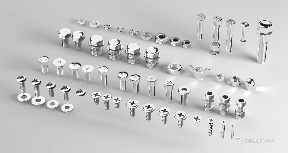 Various Hardware Tools Including Different Types Of Screws Bolts Nuts And Washers 3d model 