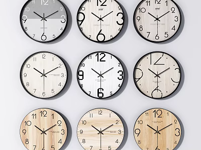 Multiple Different Design Clocks Featuring Wooden Black Frames And Numbered Dials 3d model