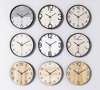 Multiple Different Design Clocks Featuring Wooden Black Frames And Numbered Dials 3d model