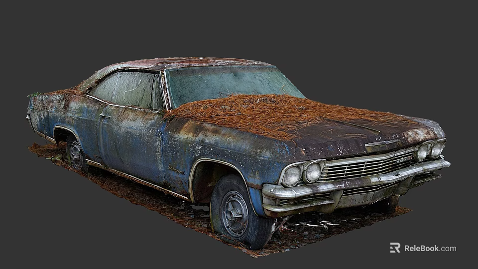 Old Rusted Car with Weathered Body Moss Covered Hood and Rusted Details 3d model 