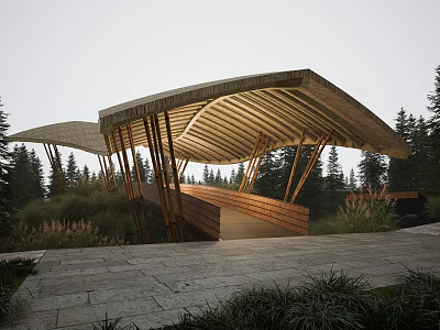 Landscape Bridge With Curved Roof Surrounded By Trees And Stone Path 3d model