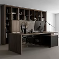 Modern Office Desk and Chair Set with Wooden Top Marble Background Bookshelves Computer and Lamp