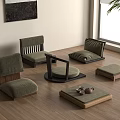 Minimalist Room Setup With Wooden Floor Green Cushion Chairs And Floor Mats