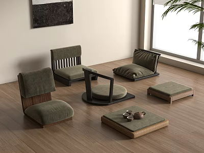 Minimalist Room Setup With Wooden Floor Green Cushion Chairs And Floor Mats 3d model