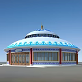 Traditional Mongolian Style Building with Blue White Cloud Patterns Red Pillars and Wooden Doors