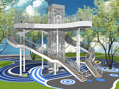 Modern Road Facility With Multi Level Platform Spiral Staircases Elevator And Colorful Circular Ground Patterns 3d model