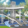Modern Road Facility With Multi Level Platform Spiral Staircases Elevator And Colorful Circular Ground Patterns 3d model