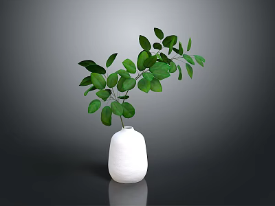 White Ceramic Vase With Lush Green Leaves In Modern Interior Decor Setup 3d model